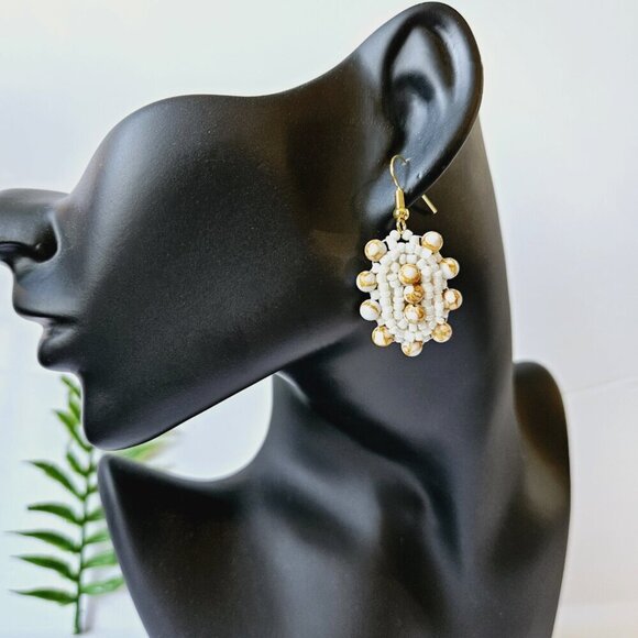 2/$27 | Tan Marble Shield Beaded Indigenous Hoop Earrings | Handmade - Picture 5 of 5